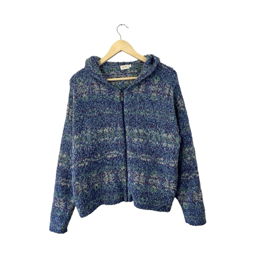 Alps Large Fuzzy Sweater Cardigan Zip Hooded Acrylic Blend Blue Cozy Womens READ